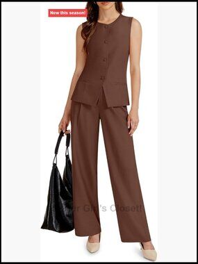 Women's 2 Piece Vest and Wide Leg Pants Set Business Casual Travel Suit